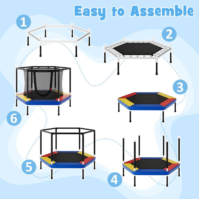 Multi Color Steel Hexagonal Kids Trampoline with Safety Net and Handrails