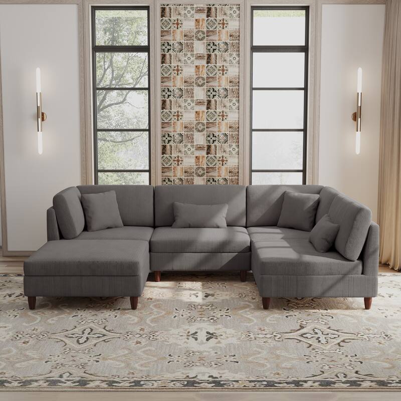 Corduroy Modular Sectional 5 Piece Sofa with Ottoman - Light Grey