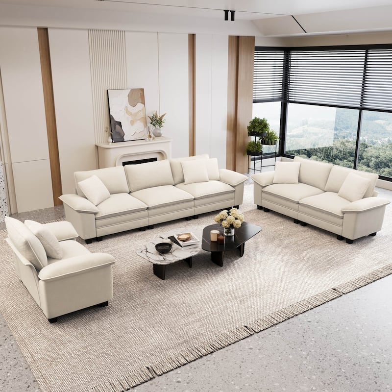 MAISON ARTS Chenille & Corduroy Modular Sectional Sofa Set, Comfy 5/6/7-Seat Living Room Couch with 3-Seater or Loveseat - Beige Chenille (6 Pieces)