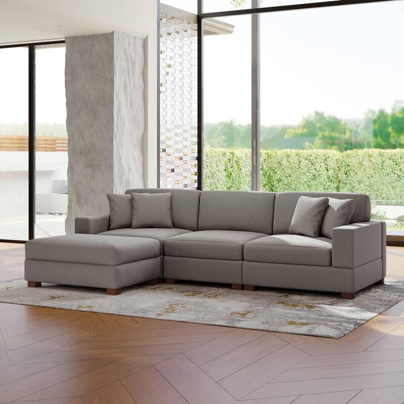 Modular Corduroy Sectional Sofa Set Chaise Couch with Ottoman - Light Grey-4 Piece