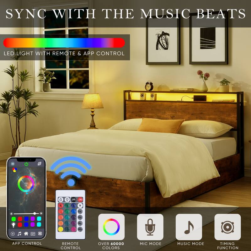 Queen Size Wooden Platform Bed with Bookcase and LED