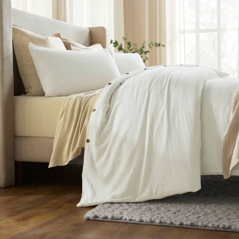 Superior Chloe 100% Cotton Percale Linen Texture Duvet Cover Set - Ivory - Full - Queen