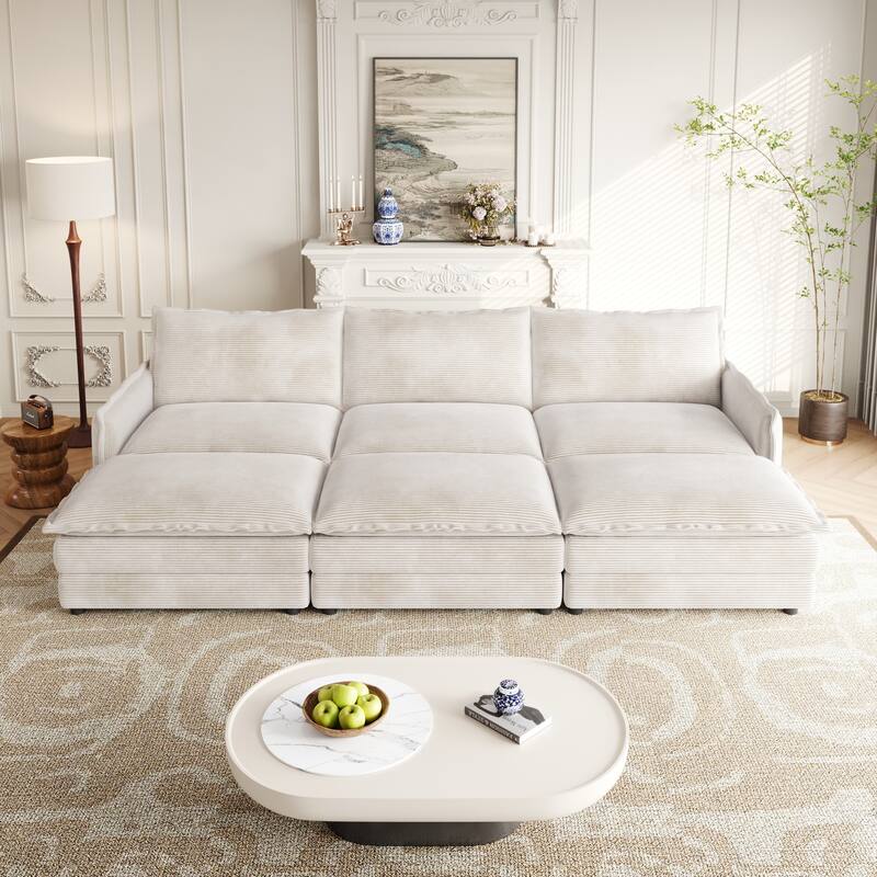 109" Corduroy 3-Seater Cloud Sectional Sofa with 3 Ottomans