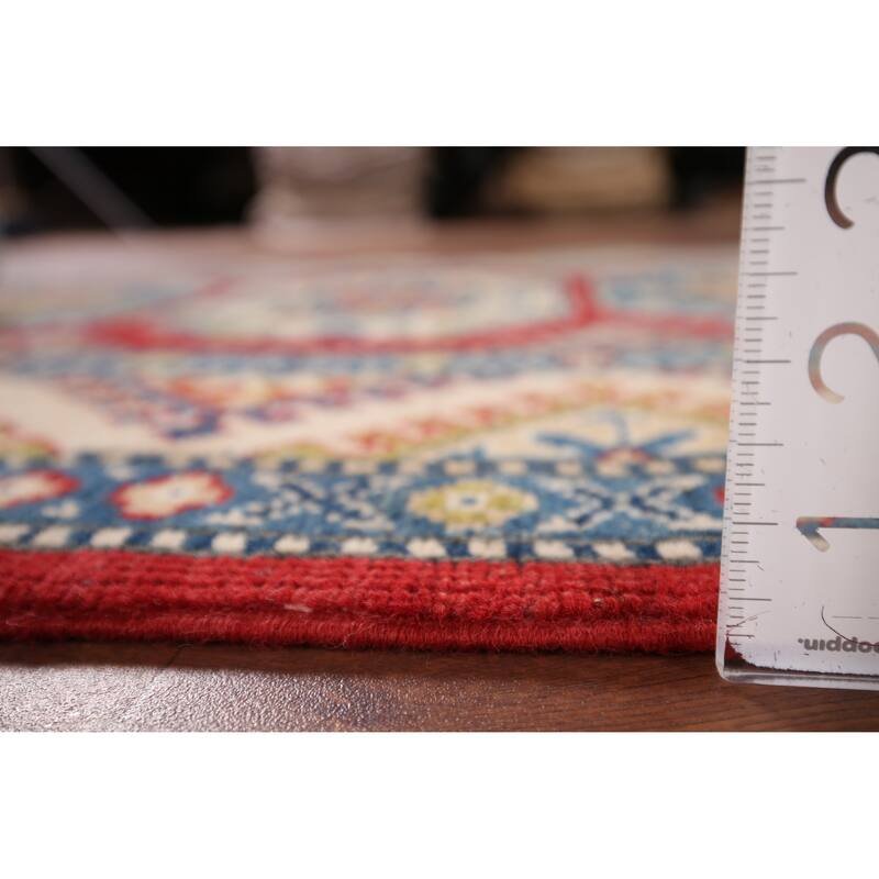 Geometric Kazak Accent Rug Hand-Knotted Red Wool Carpet - 3'3" x 4'9"