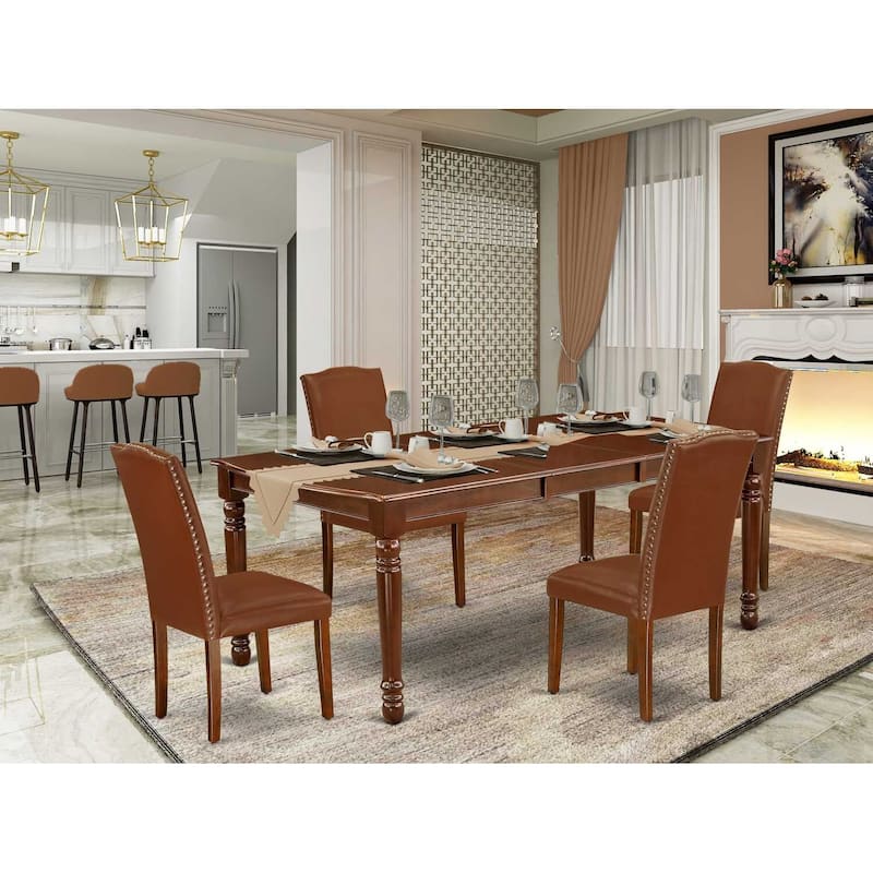 Rectangular Dining Table Set 5pc - 60x78" Table w/ Leaf & 4 Parsons Chairs - Brown Faux Leather