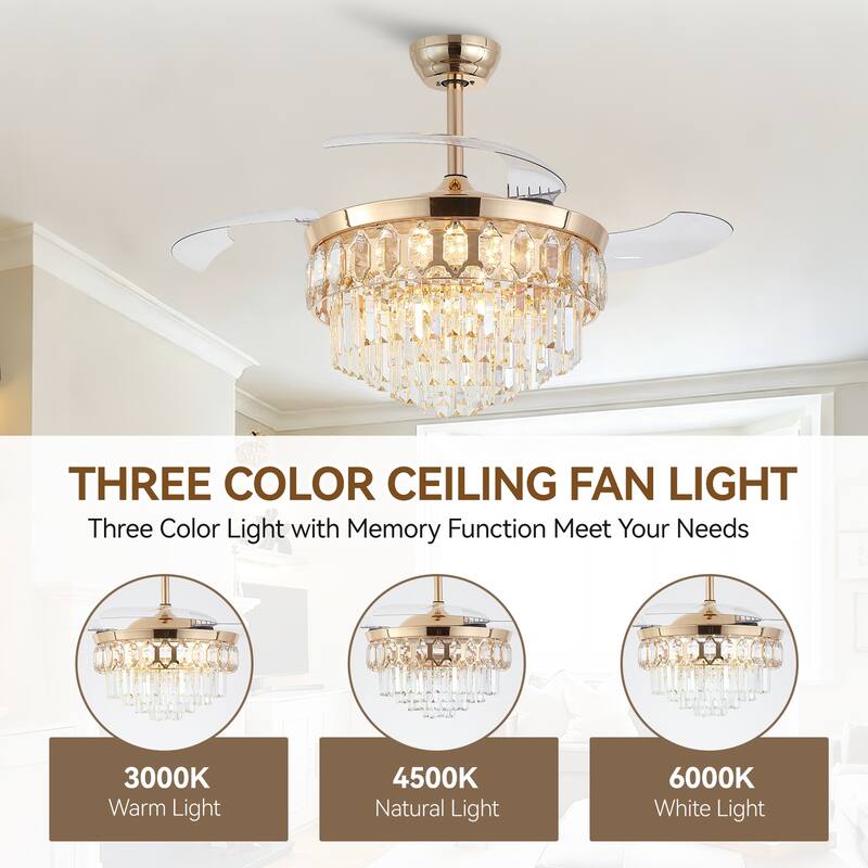 48" Crystal Fandelier Ceiling Fan with Light and Retractable Blades LED Dimmable for Bedroom Living Room - 48 Inches