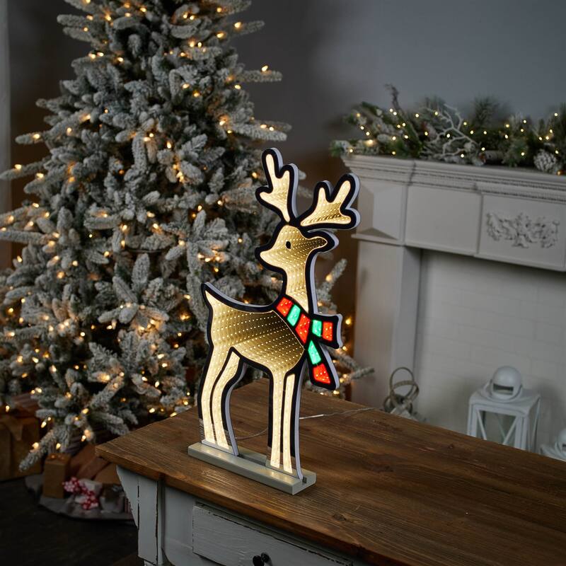 Red-White Acrylic Plastic Deer with Scarf and Infinity Light Display - 13.25” x 2.75” x 23.5” (L x W x H)