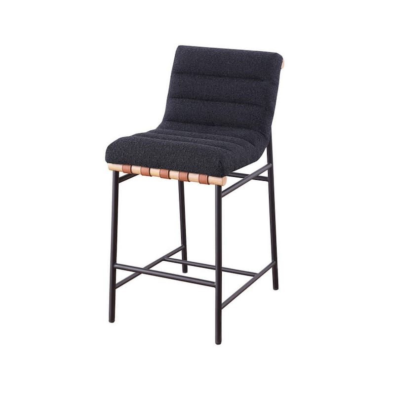 Kive 24 Inch Counter Height Stool Chair, Black Boucle Channel Tufted Seat, Steel