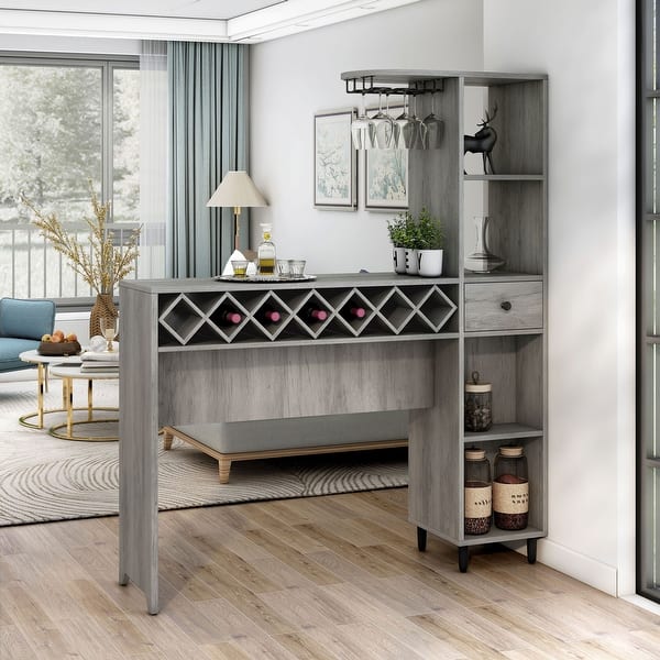 slide 2 of 12, DH BASIC Transitional Vintage Grey Oak 6-Open Shelf Bar Table with Wine Storage by Denhour Vintage Gray Oak