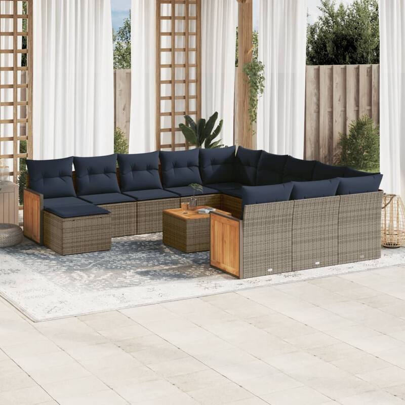 vidaXL 12/13 Piece Patio Sofa Set with Cushions Black/Gray Poly Rattan - 21.7 x 24.4 x 27.2 - Gray With table