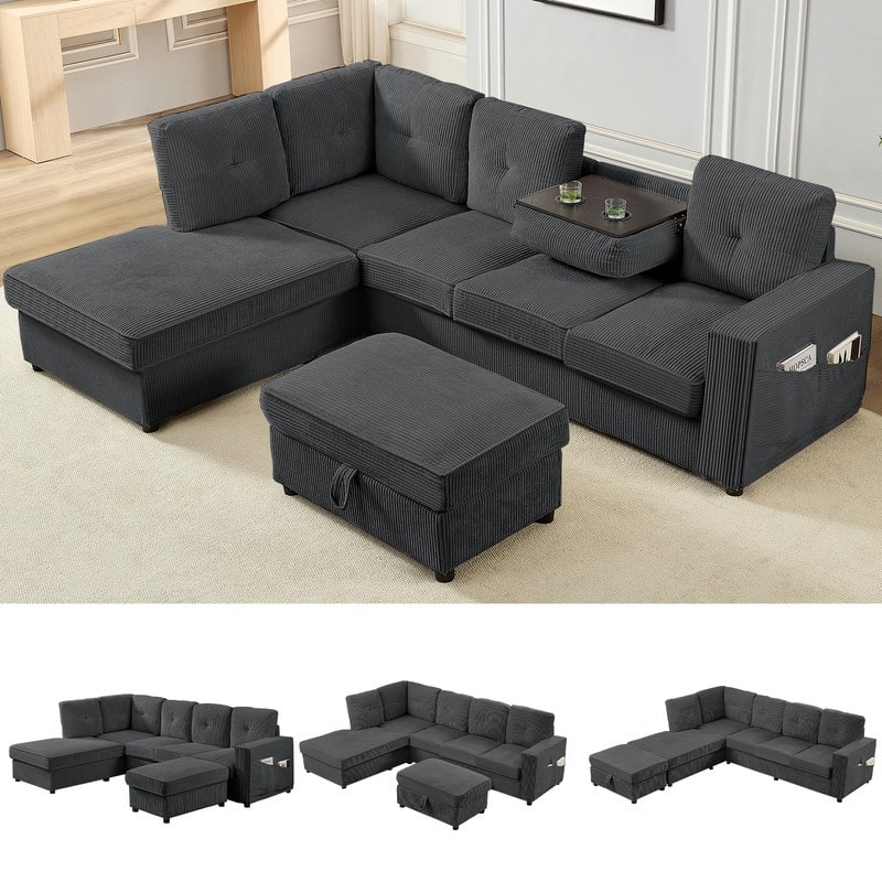 Mixoy 98’‘Multi-Functional Corduroy Upholstered Sofa Bed with Foldable Backrest Converts toTable,Cup Holde,Storage Ottoman - Dark Grey - 4-Seater Sofa