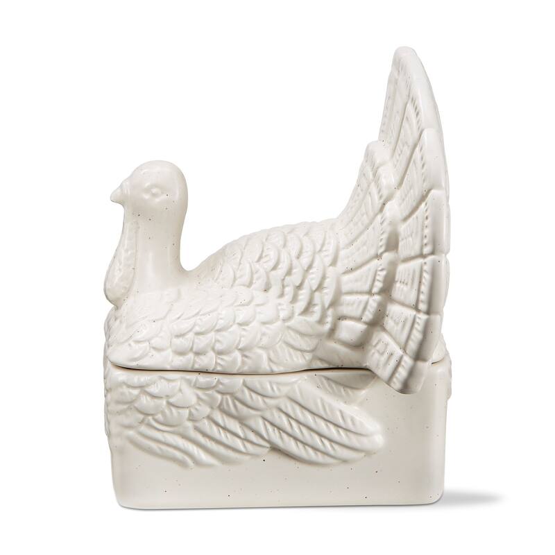 Antique White Earthenware Dolomite Thanksgiving Turkey Shaped Butter Dish, 5.5L x 6.43W x 7.51H.