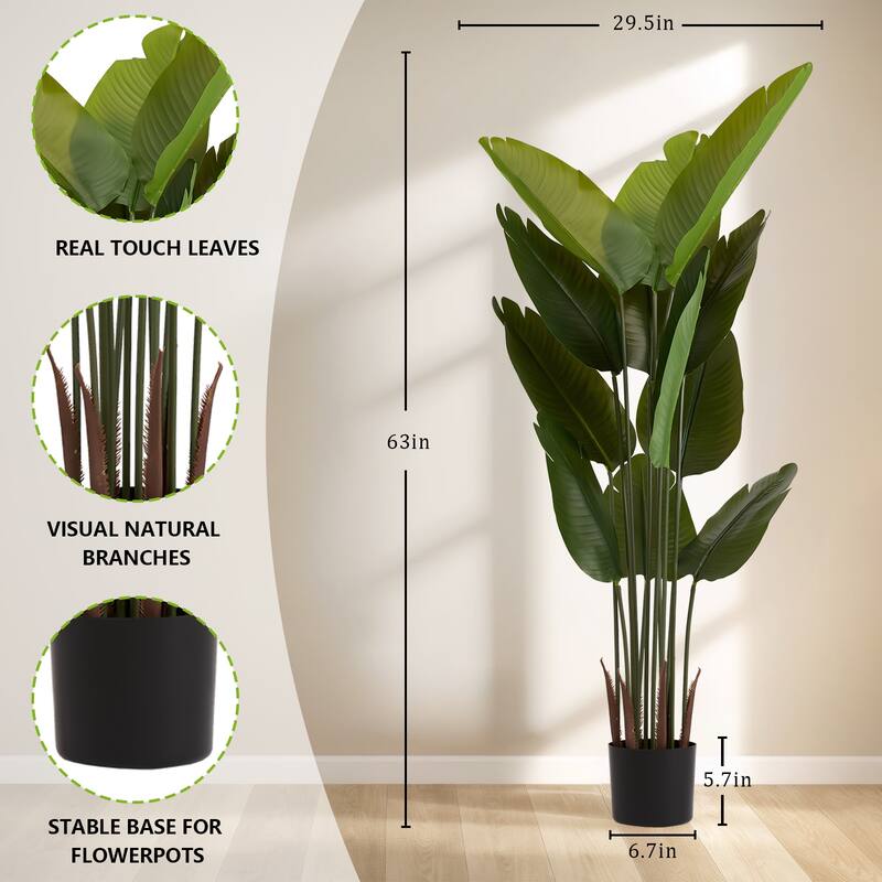 Artificial Bird of Paradise Plant, 5.2ft Tall Faux Tropical Palm Tree in Pot for Indoor or Outdoor 2pcs/set