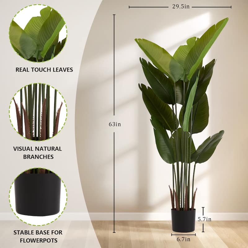 Artificial Bird of Paradise Plant, 5.2ft Tall Faux Tropical Palm Tree in Pot for Indoor or Outdoor Home, 2pcs/set