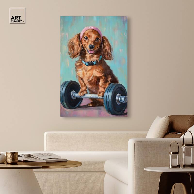 Cute Doxxie Work Out Canvas by Art Remedy, Gallery Wrapped