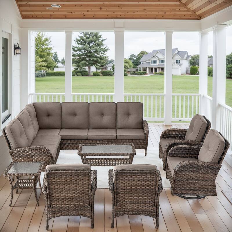 Patio Sectional Sofa Chair with Swivel Chairs Set - Brown - Grey