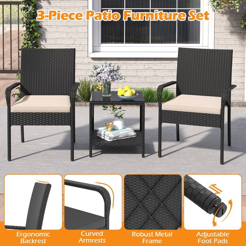 Gymax 3 Piece Patio Furniture Set Outdoor Wicker Chair & Table Set w/
