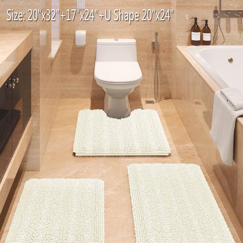 Ultra Soft Striped Non Slip Chenille Bathroom Rug Set 3 Pieces - Ice Cream