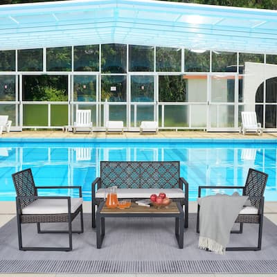 4-Piece Acacia Wood Patio Furniture Set,Brown and Beige