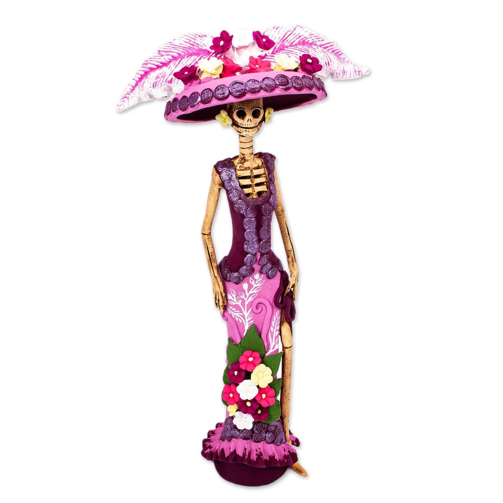 Novica Handmade La Catrina Violeta Ceramic Sculpture