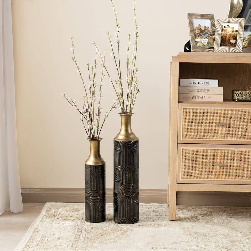 Glitzhome Set of 2 Modern White Black and Gold Metal Floor Vases Fall Thanksgiving Gifts - Large-Black