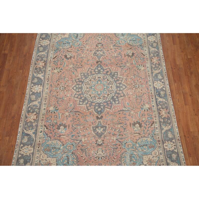Hand Knotted Oriental 100% Wool Carpet Traditional Floral Pink Tabriz Area Rug - 9' 5'' X 6' 4''