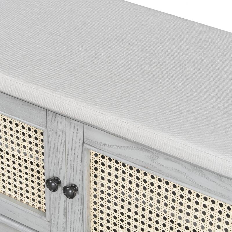 Rattan Entryway Bench with Storage, Cushioned Shoe Bench with Double Doors