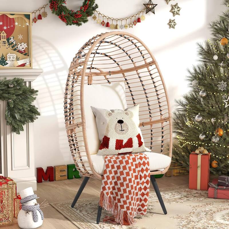 Egg Chair Outdoor, Patio Rotating Basket Chair, All-Weather Wicker Egg Lounger Chair for Outside Indoor