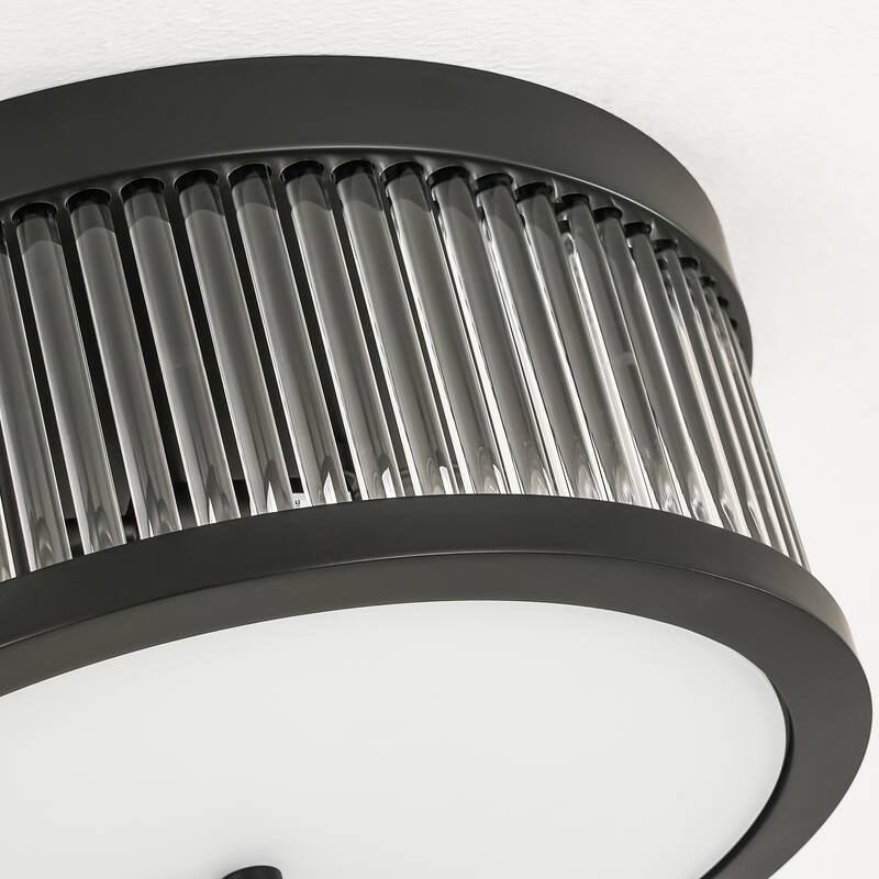 12.20 in. 3-Light Modern Industrial Round Drum Flush Mount Ceiling Light with Clear Glass Rods
