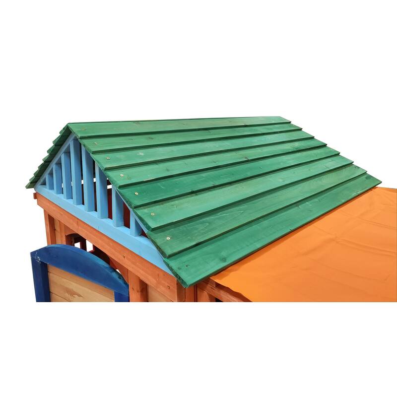 Eco-friendly Outdoor Wooden 4-in-1 Game House for kids garden playhouse,different games on every surface,61.4"Lx45.98"Wx64.17"H