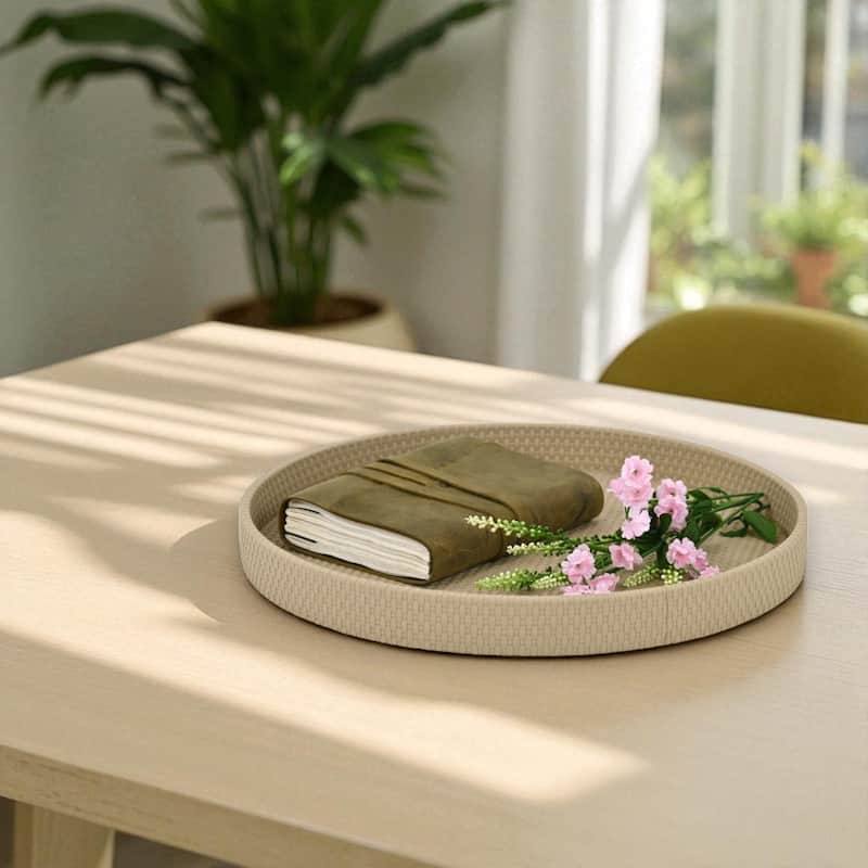 Tamsin 14.5" Round Decorative Serving Tray - Wicker Weave Pattern for Display, and Organization - Taupe