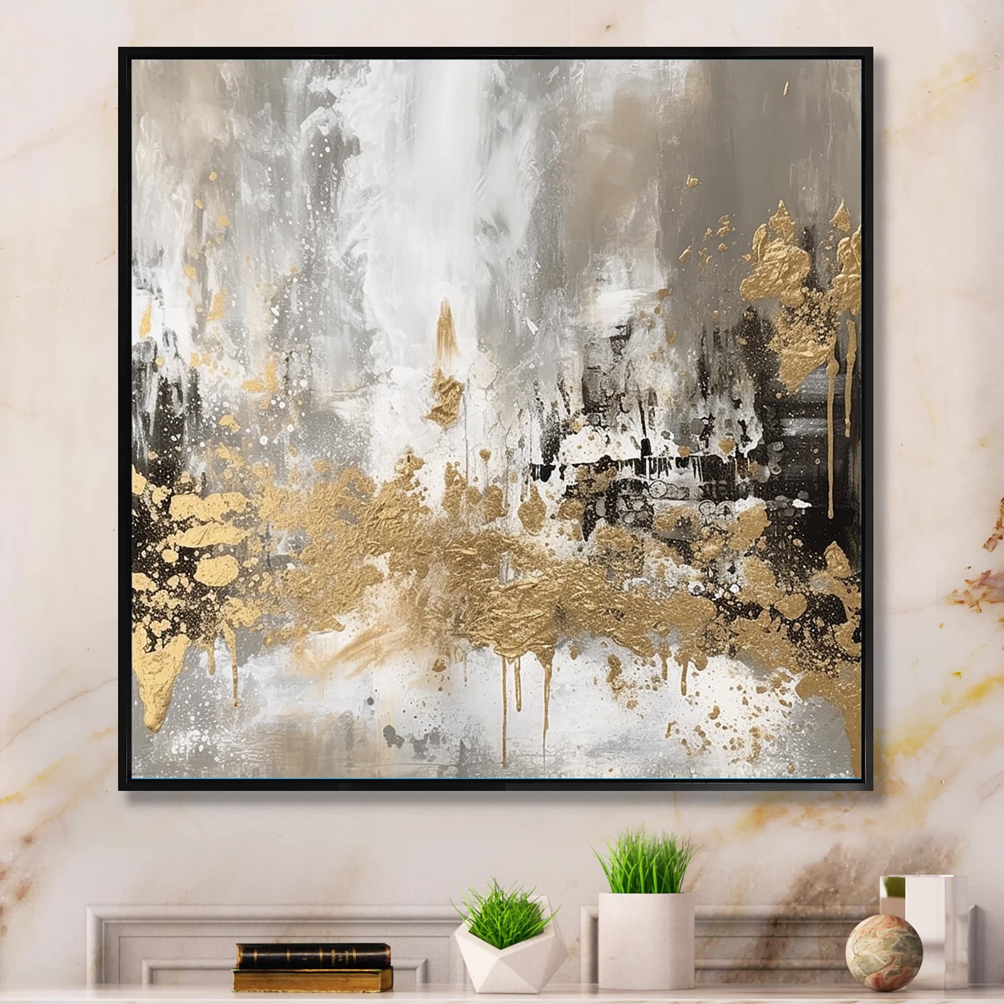 Designart "Modern Golden Abstract" Abstract Framed Canvas Wall Art Print