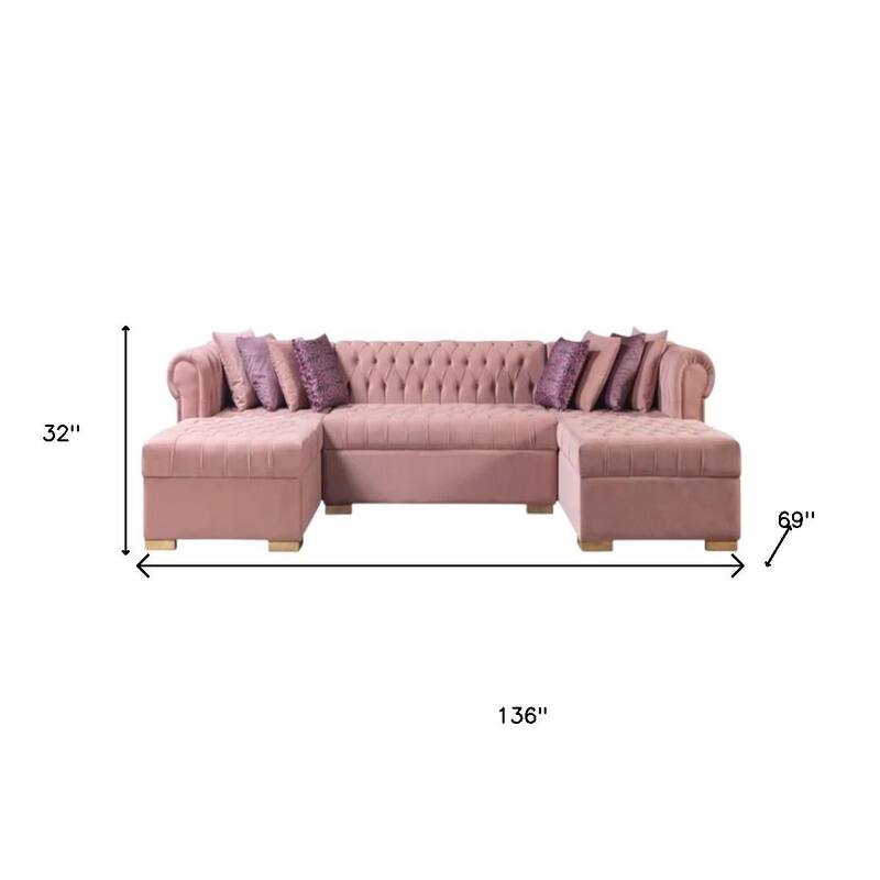 HomeRoots Pink Velvet U Shaped Three Piece Sofa and Chaise Sectional With Toss Pillows