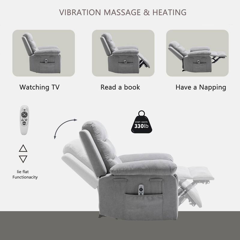 Living Room Single Reclining Sofa, Power Lift Velvet Recliner with Adjustable Massage and Heat & Side Pocket, Infinite Position