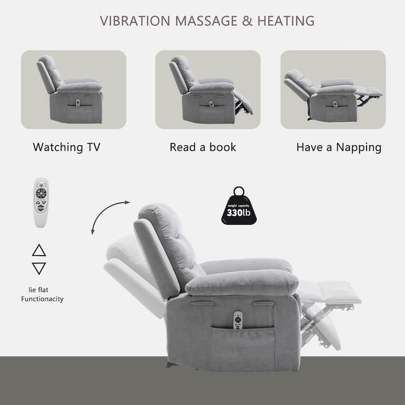 Velvet Fabric Power Recliner Chair with Massage and Heating