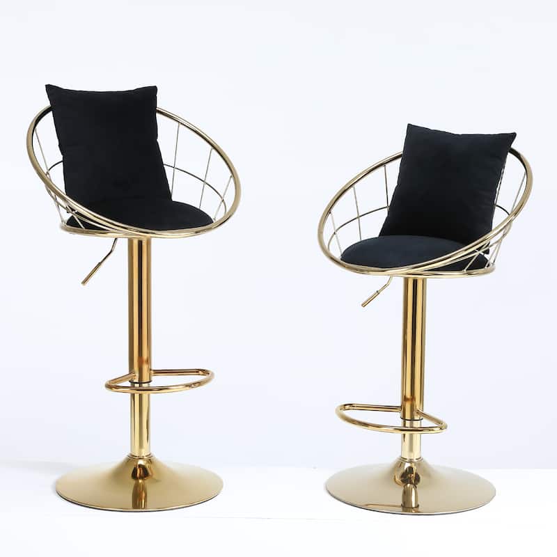 Adjustable Height Swivel Bar Stools Set of 2 with Velvet Padded Seat, Weave Shape Back, Gold Plated Base and Non-slip Pads