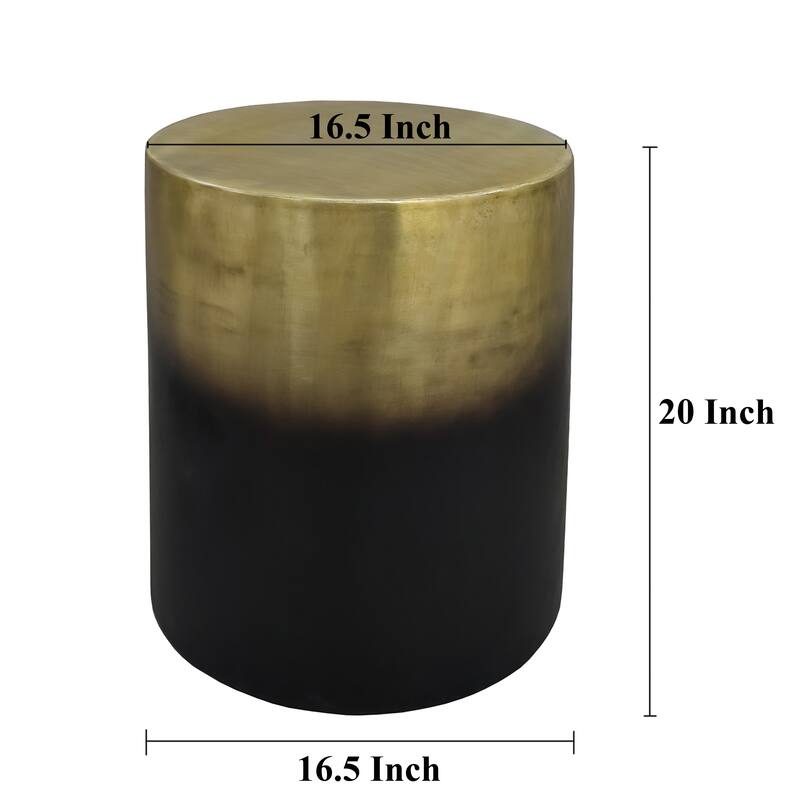 Dyan 20 Inch Side End Table, Round Drum Shape, Black Gold, Antique Brass Ombre