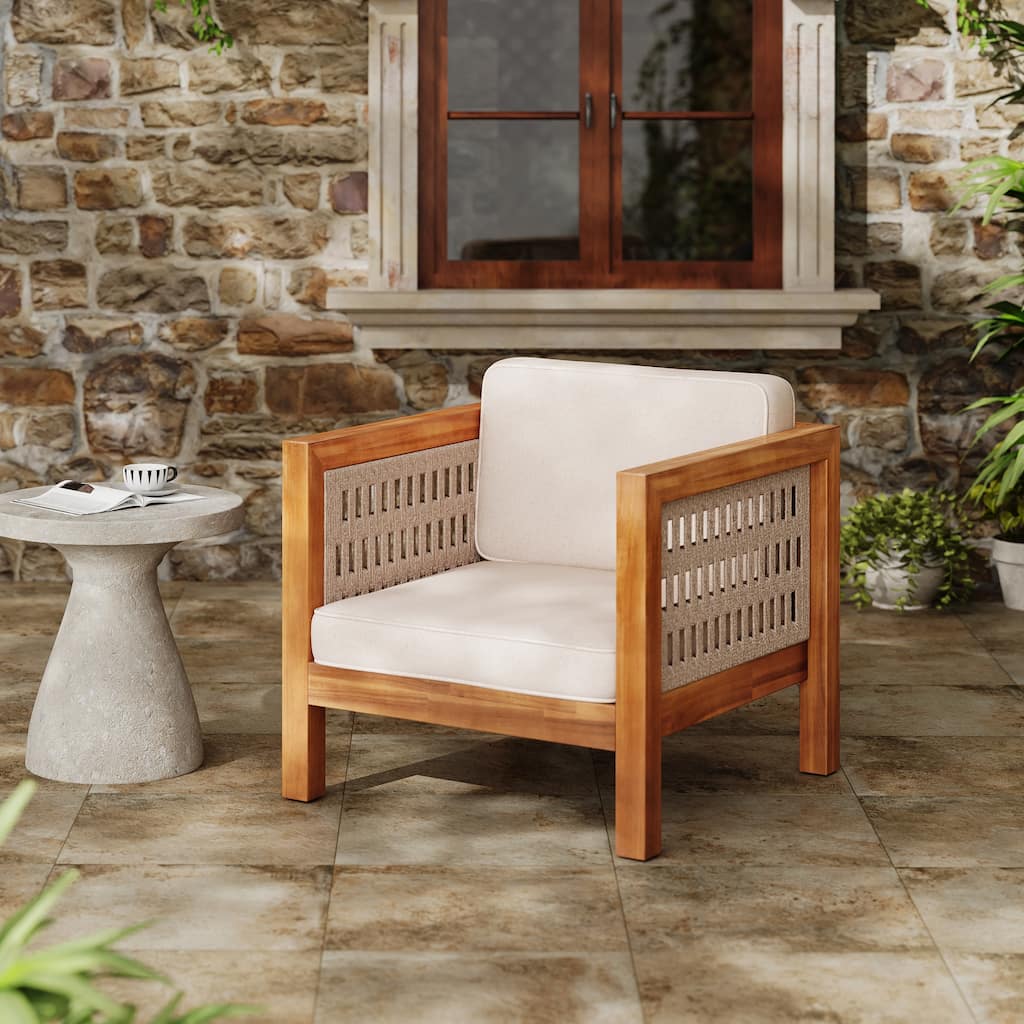 Beige Teak Outdoor Club Chair Upholstered Arm Chair with Wicker Armrest, Coffee Chair Reception Chair Side Chair