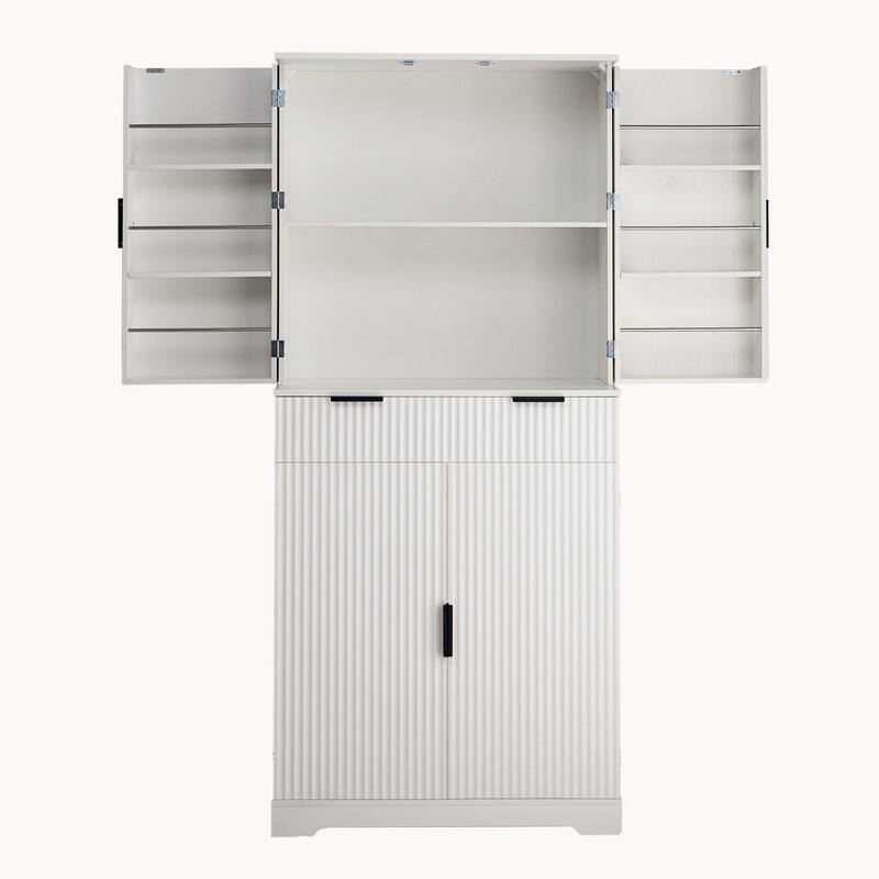 72" Fluted Kitchen Pantry Cabinet, Freestanding Cupboard Storage Cabinet with Drawers and Adjustable Shelves