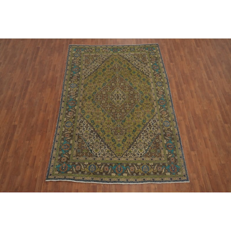 Hand Knotted Oriental 100% Wool Carpet Traditional Medallion Green Tabriz Area Rug - 9' 11'' X 6' 7''