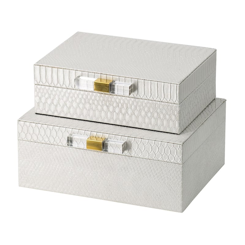Set of 2 White Gold Contemporary Snakeskin Decorative Boxes 10"
