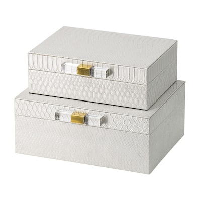 Set of 2 White Gold Contemporary Snakeskin Decorative Boxes 10"