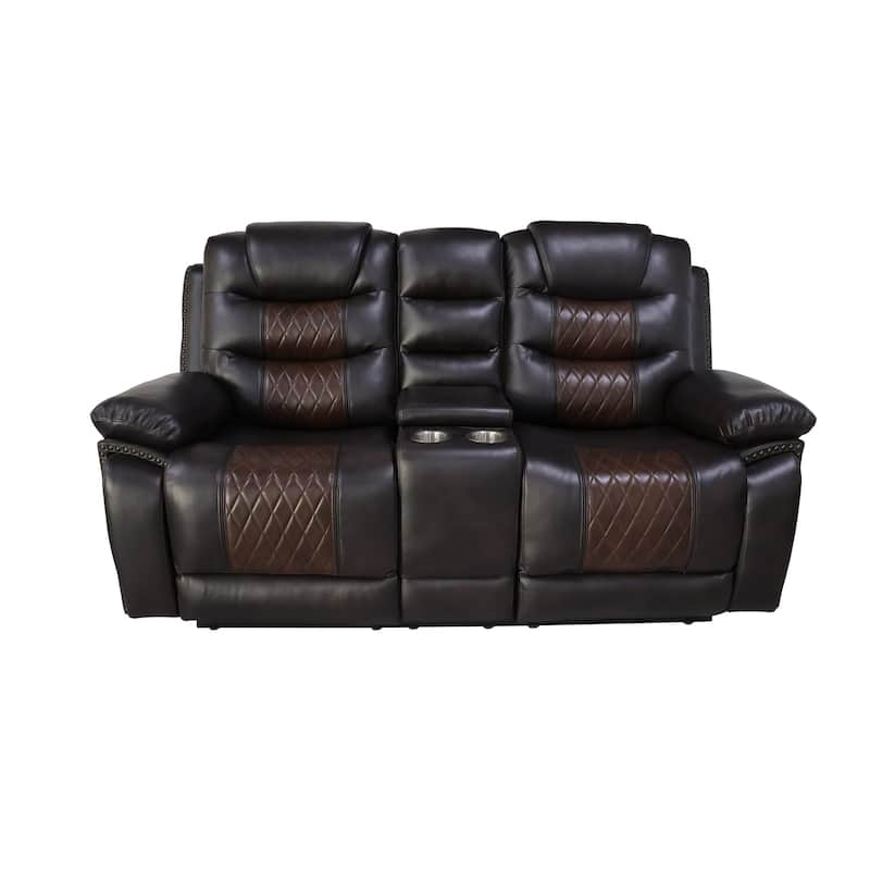 Asher 74 Inch Loveseat with Power Recliners, Console, Brown Faux Leather
