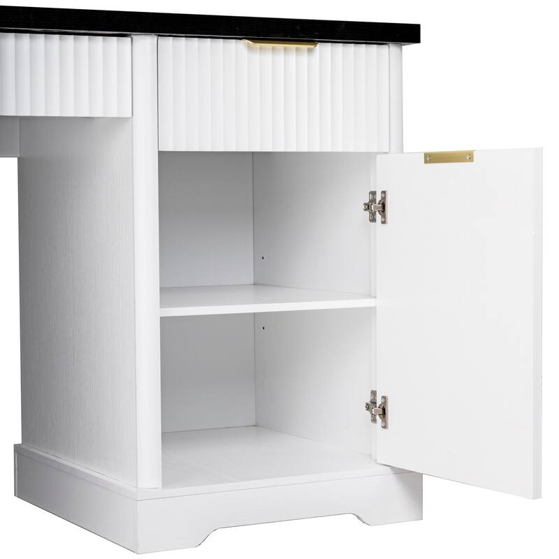 Roomfitters 55" Modern Fluted Office Desk with Charging Station, Storage Cabinet & Pegboard