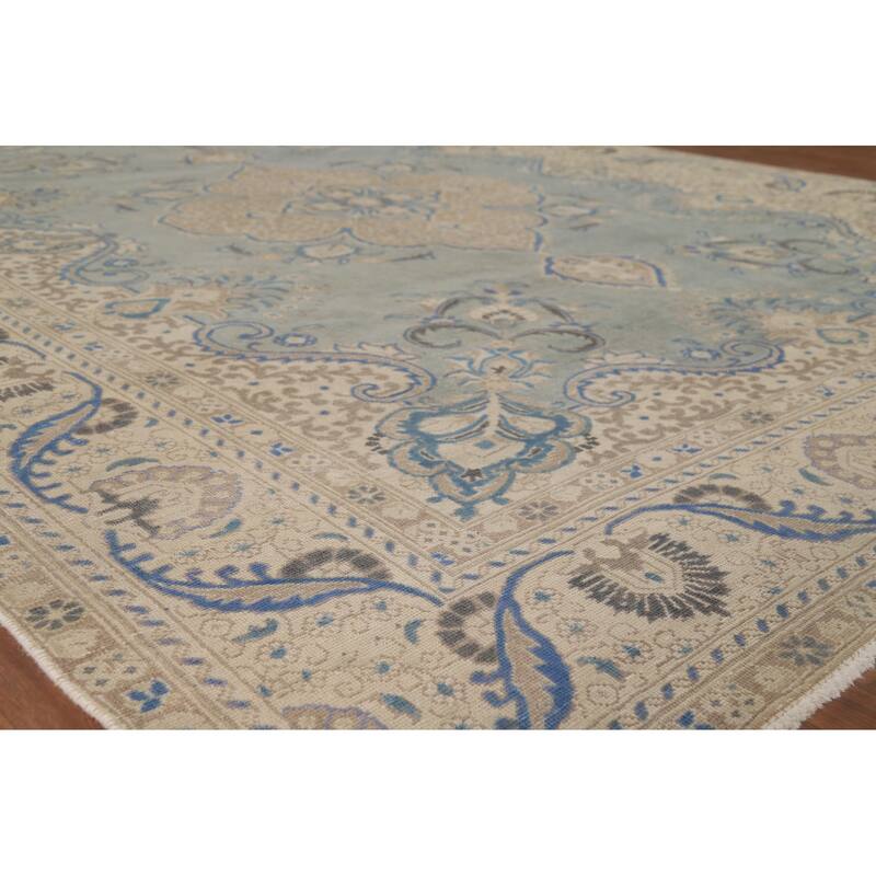 Distressed Blue Tabriz Vintage Persian Area Rug Handmade Wool Carpet - 9'7" x 12'2"