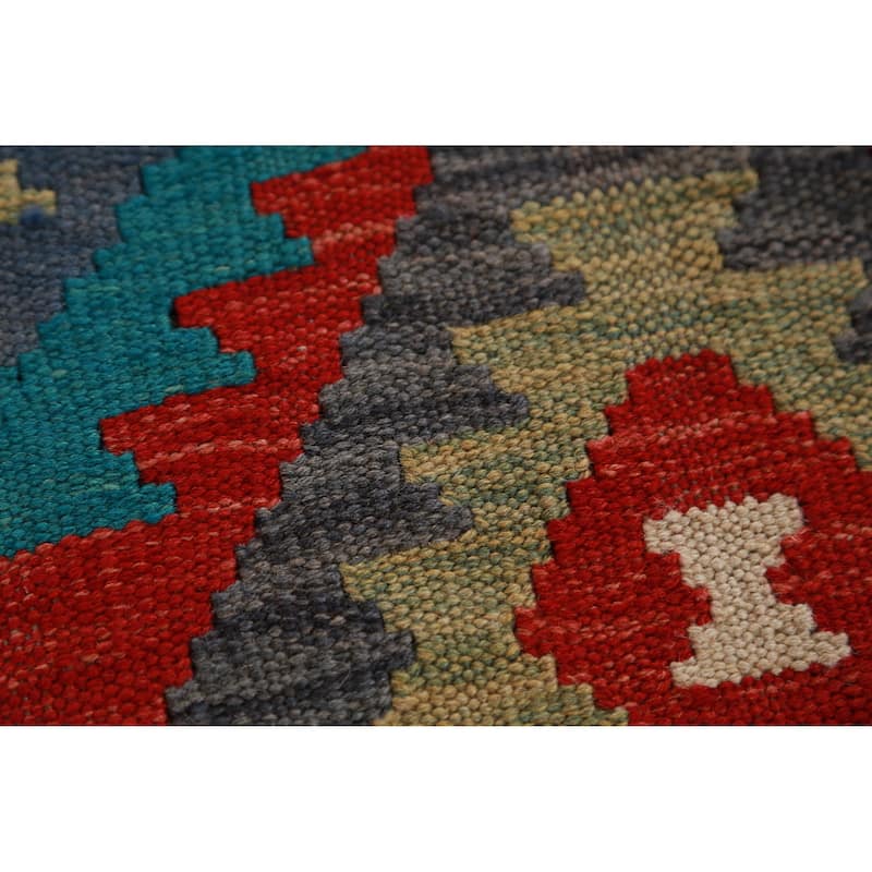 Hand Woven Oriental 100% Wool Carpet Southwestern All-Over Multi-Colored Kilim Runner Rug - 12' 10'' X 2' 9''