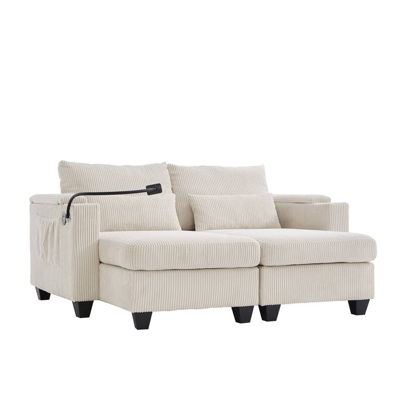 63" Corduroy Convertible Chaise Lounge with USB Ports, Phone Holder, and Storage