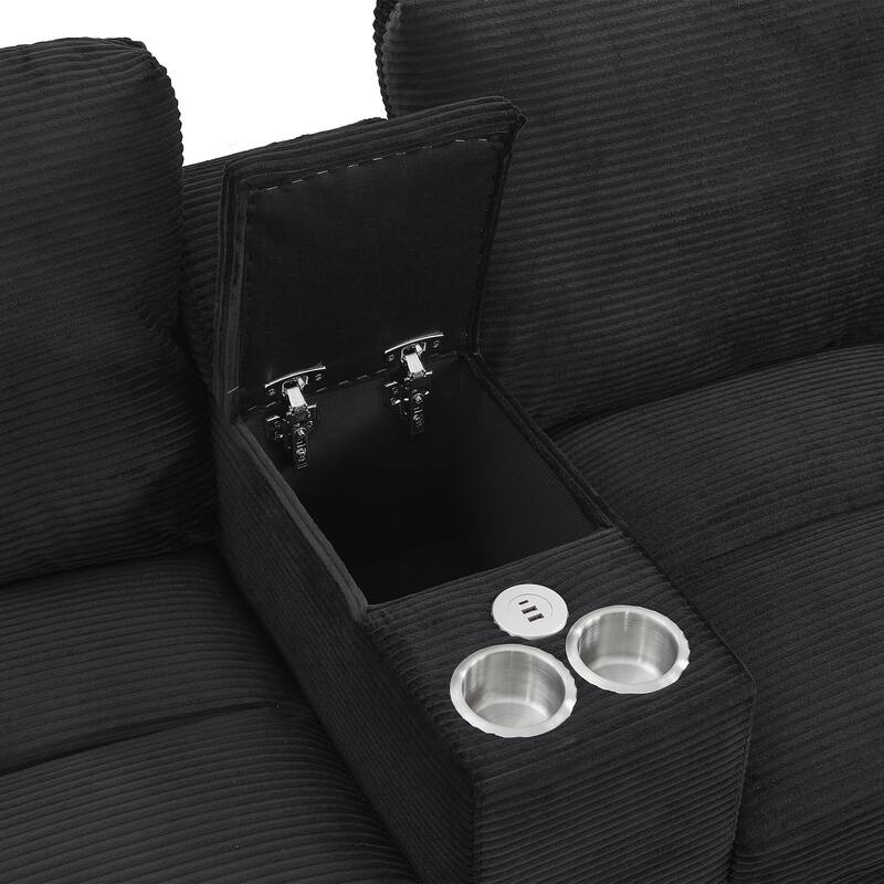 Corduroy Upholstered 4 Seat Sofa, U-shaped Sectional Sofa with Movable Storage Ottomans, Console, Cup Holders and USB Ports
