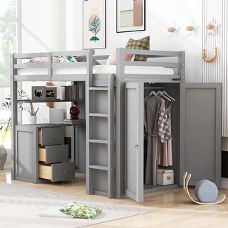 Twin size Loft Bed with Drawers, Desk and Wardrobe, Grey