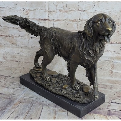 Golden Retriever Dog Bronze Statue Sculpture Figure On Marble Base Signed Art